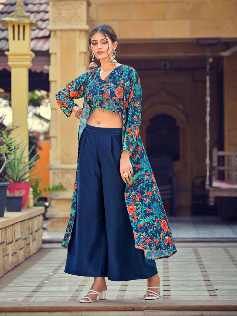 Teal Silk & Cotton Indo-Western Dress for Women with Elegant Print Work