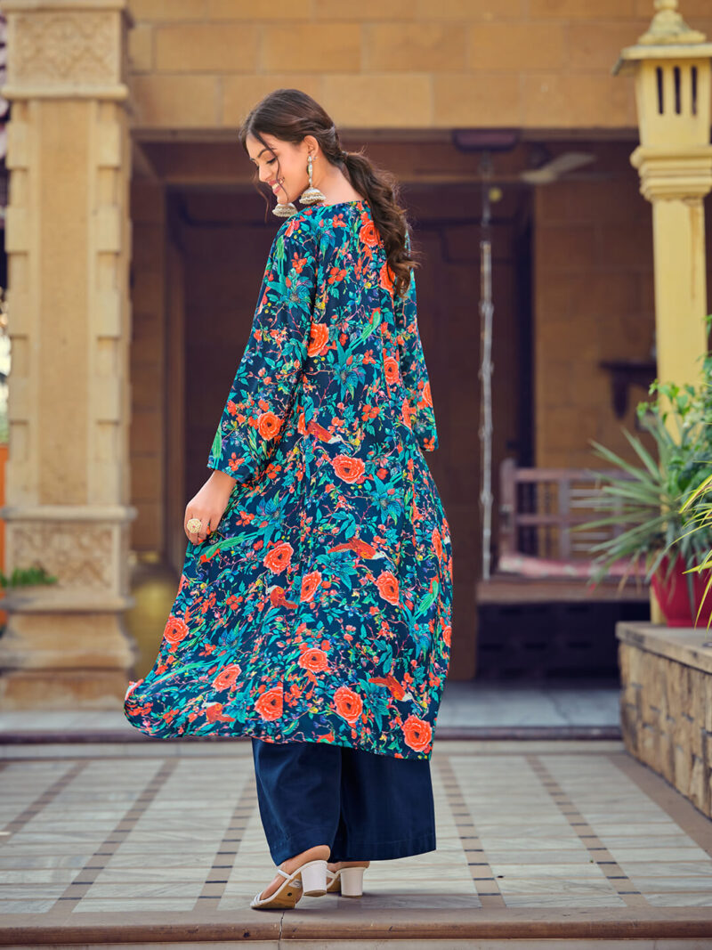 Teal Silk & Cotton Indo-Western Dress for Women with Elegant Print Work