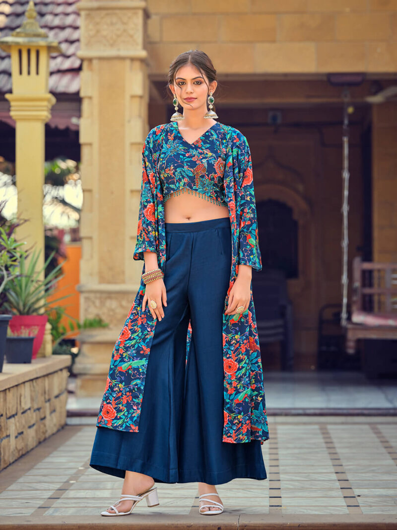 Teal Silk & Cotton Indo-Western Dress for Women with Elegant Print Work