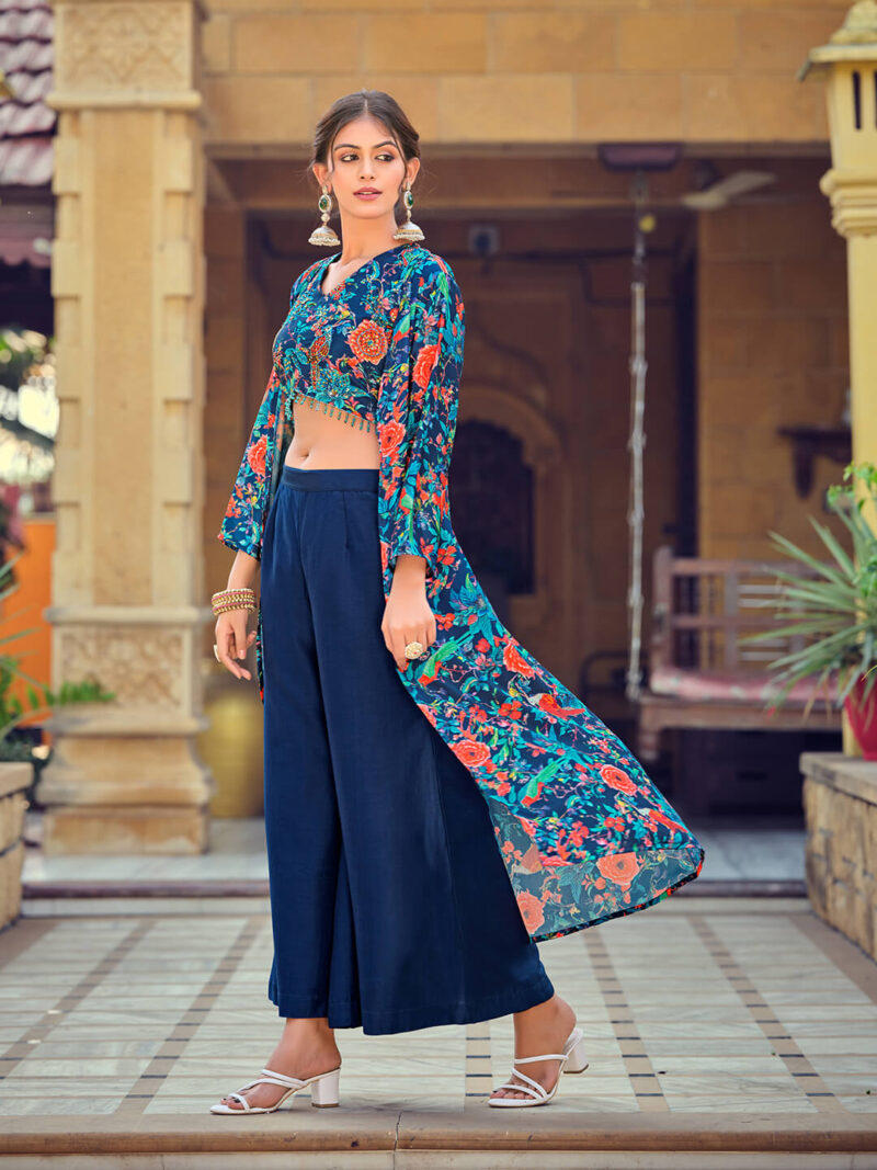 Teal Silk & Cotton Indo-Western Dress for Women with Elegant Print Work