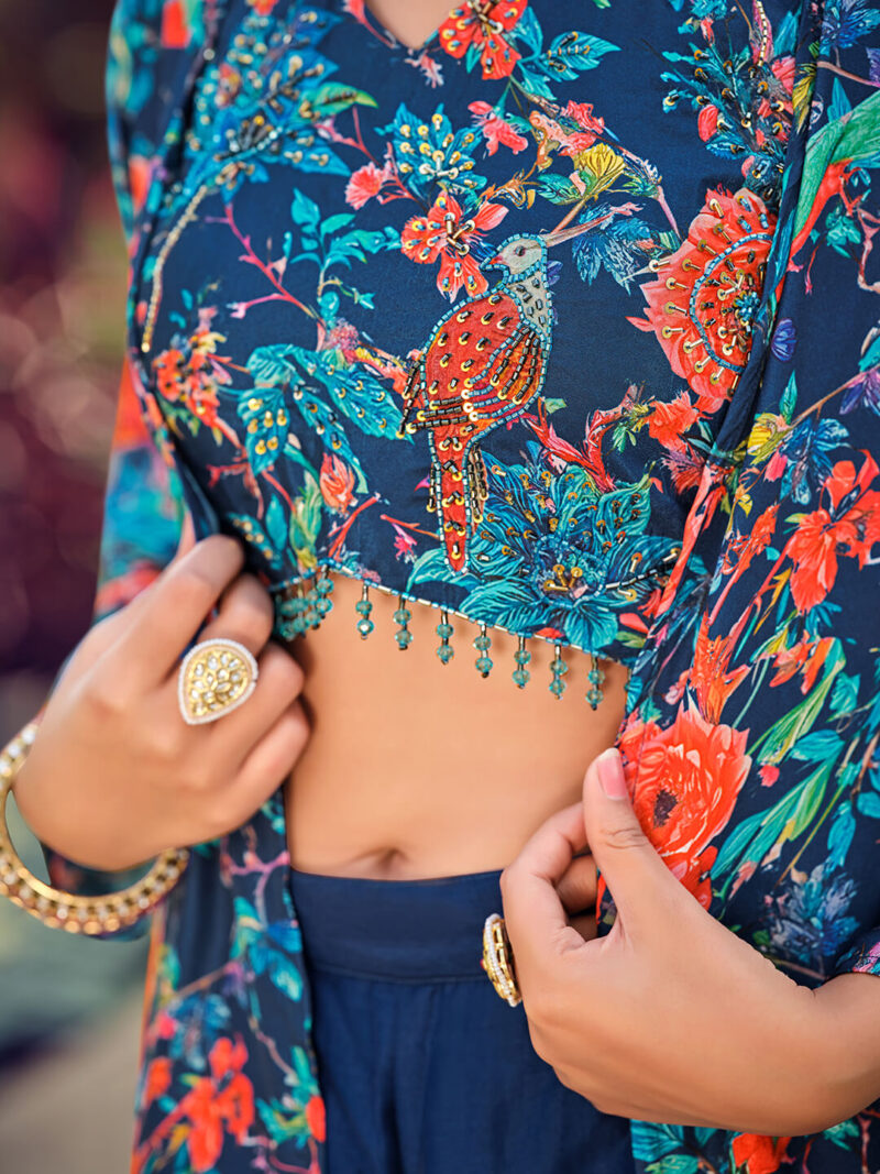 Teal Silk & Cotton Indo-Western Dress for Women with Elegant Print Work
