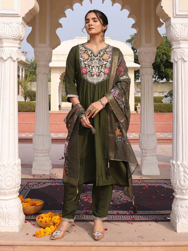 Mehendi Green Cotton Silk Hand Work Sequins Straight Pant Suit With Digital Print Dupatta