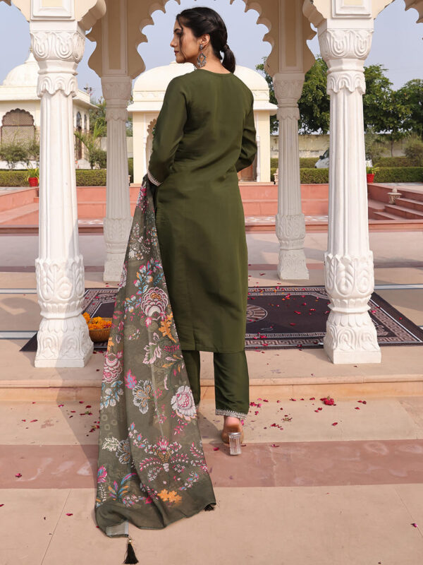 Mehendi Green Cotton Silk Hand Work Sequins Straight Pant Suit With Digital Print Dupatta