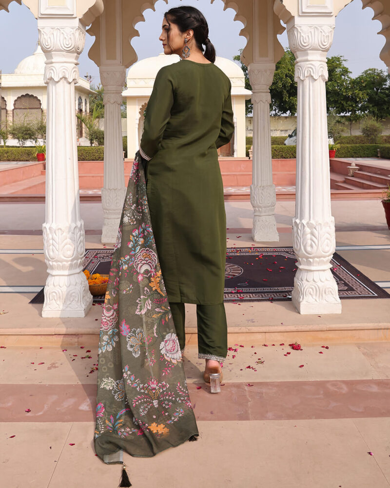 Mehendi Green Cotton Silk Hand Work Sequins Straight Pant Suit With Digital Print Dupatta