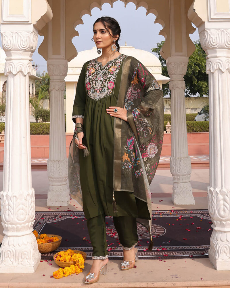 Mehendi Green Cotton Silk Hand Work Sequins Straight Pant Suit With Digital Print Dupatta