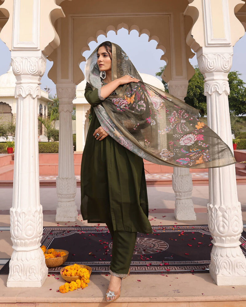 Mehendi Green Cotton Silk Hand Work Sequins Straight Pant Suit With Digital Print Dupatta