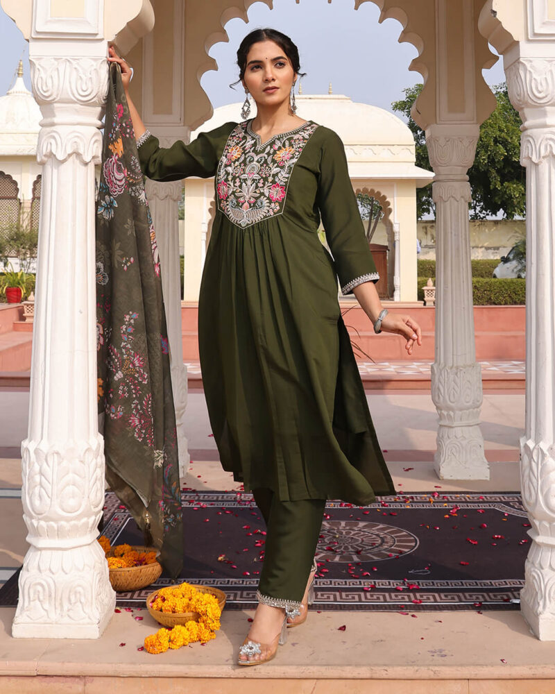 Mehendi Green Cotton Silk Hand Work Sequins Straight Pant Suit With Digital Print Dupatta
