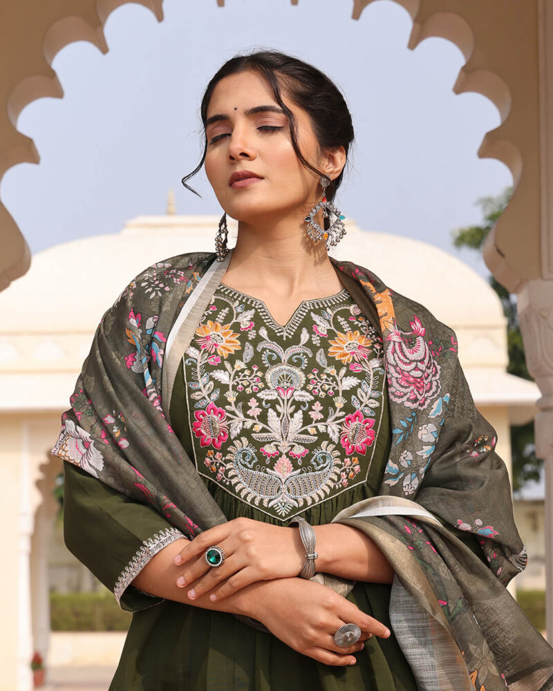 Mehendi Green Cotton Silk Hand Work Sequins Straight Pant Suit With Digital Print Dupatta