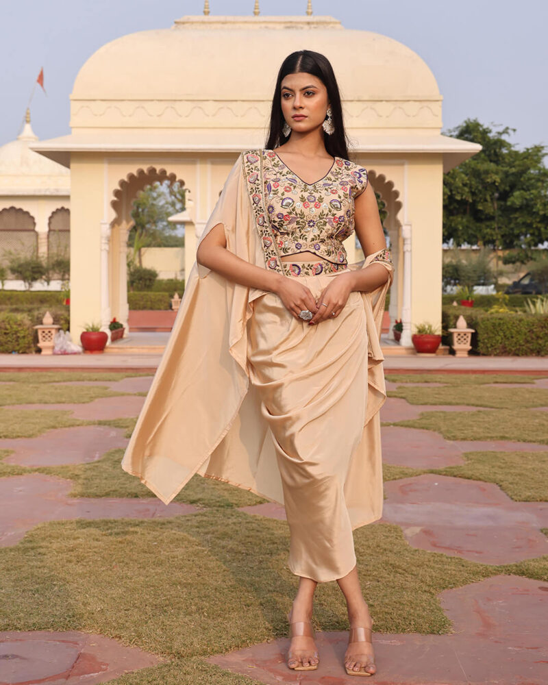 Beige Satin Silk Indo-Western Outfit for Women with Exquisite Hand Embroidery