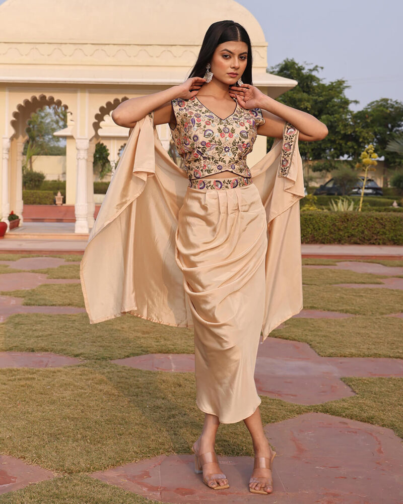 Beige Satin Silk Indo-Western Outfit for Women with Exquisite Hand Embroidery