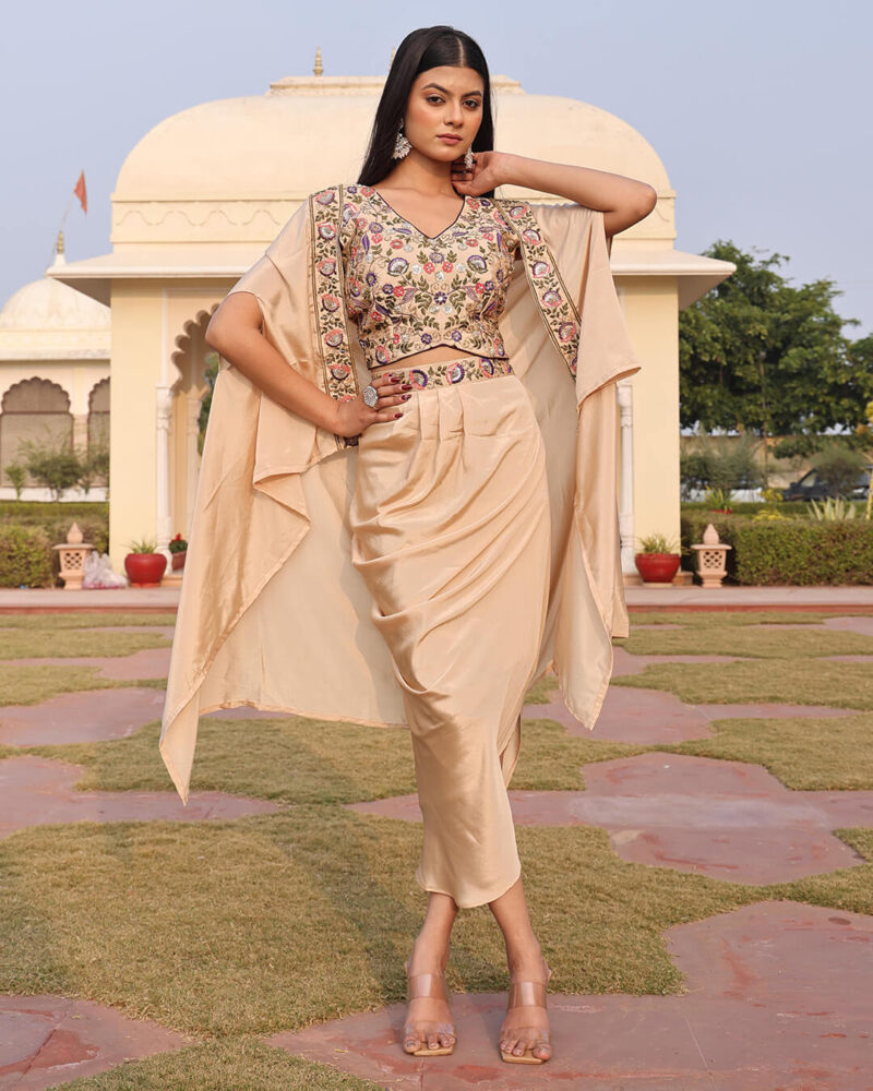 Beige Satin Silk Indo-Western Outfit for Women with Exquisite Hand Embroidery