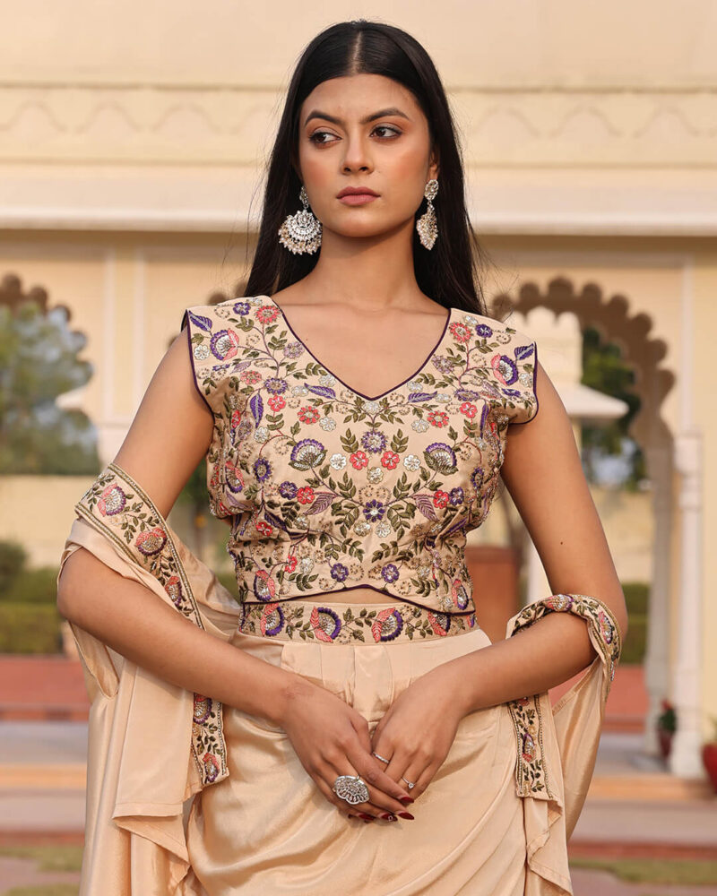 Beige Satin Silk Indo-Western Outfit for Women with Exquisite Hand Embroidery