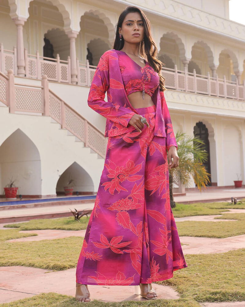 Globus Floral Printed Smocked Skirt Set with Inner and Stylish Jacket for Women