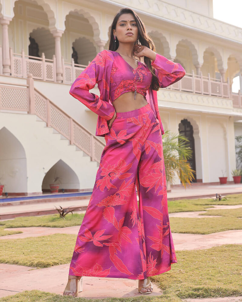 Globus Floral Printed Smocked Skirt Set with Inner and Stylish Jacket for Women