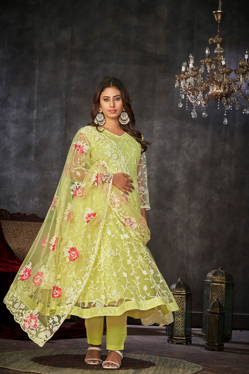 Crepe Anarkali Suit With Fancy Embroidery Worked - Sky Blue