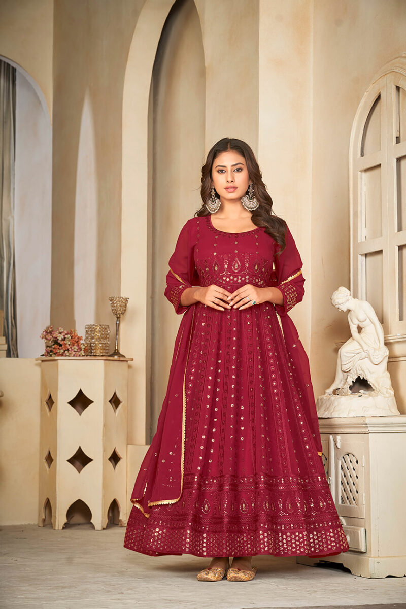 embroidered Work Georgette Party Wear Anarkali Suit - Maroon