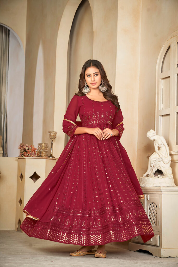 embroidered Work Georgette Party Wear Anarkali Suit - Maroon