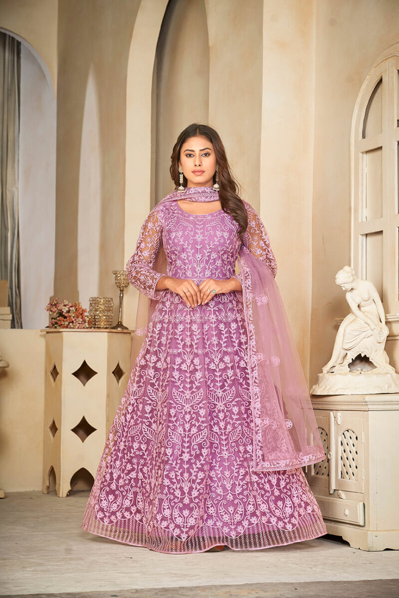 Santoon Anarkali Suit With Fancy Embroidery Worked - Light Purple