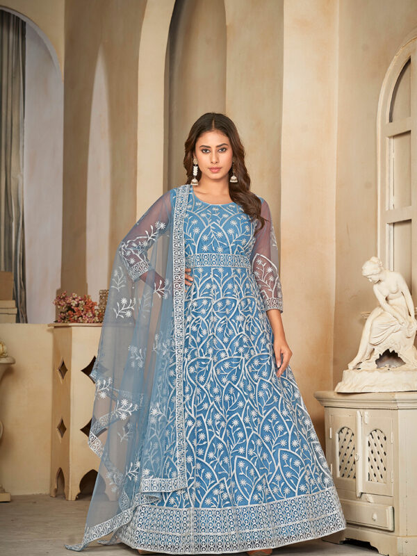 Santoon Anarkali Suit With Fancy Embroidery Worked - Sky Blue