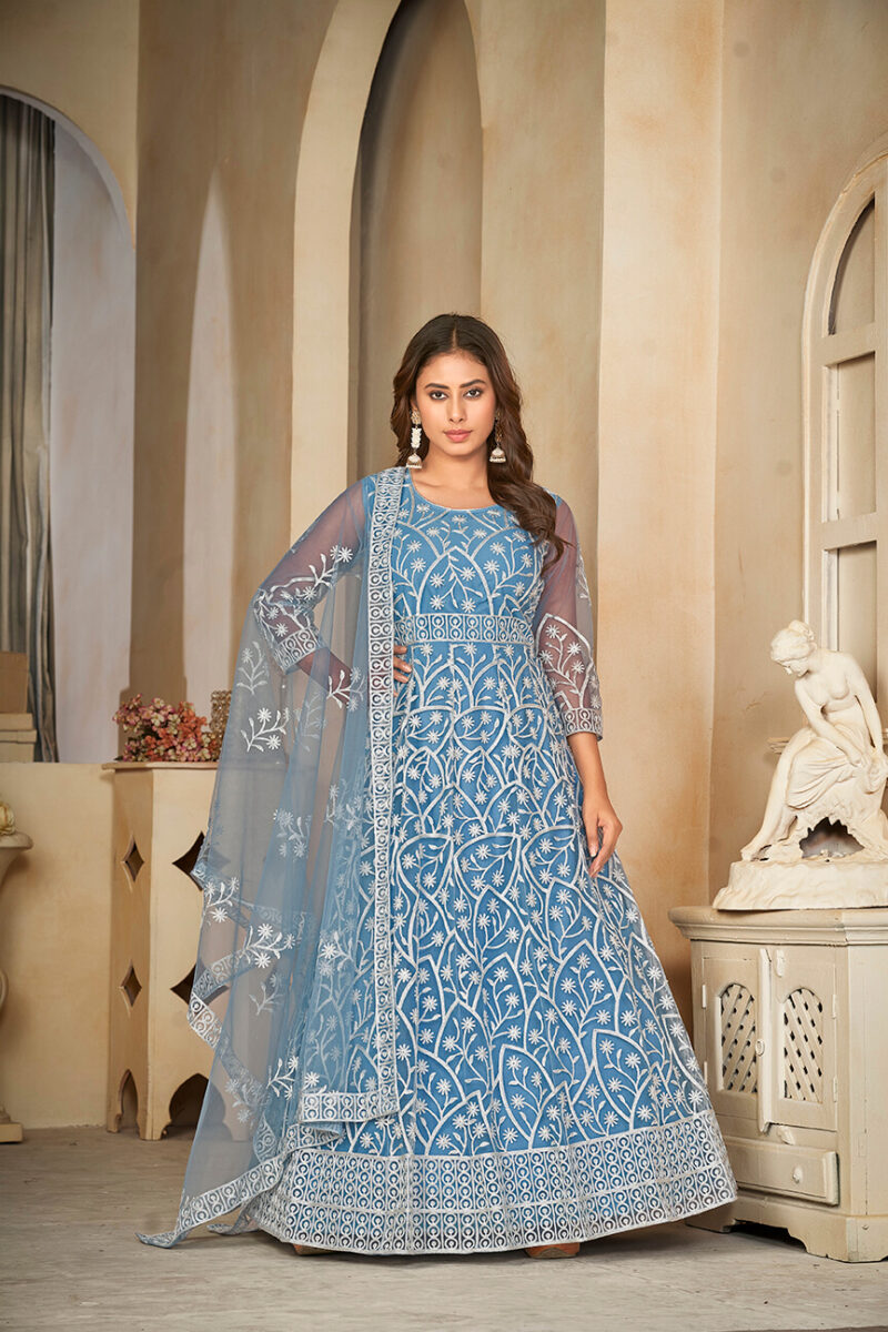 Santoon Anarkali Suit With Fancy Embroidery Worked - Sky Blue