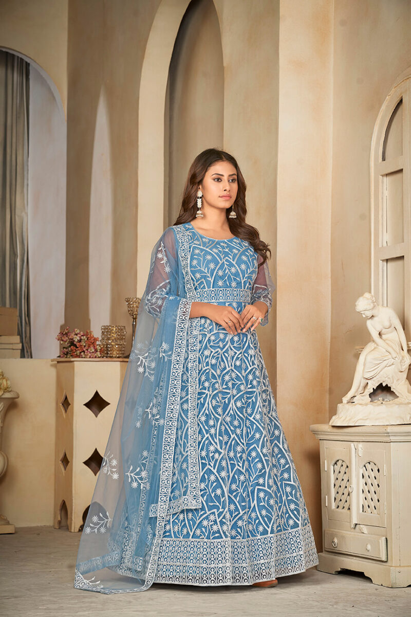 Santoon Anarkali Suit With Fancy Embroidery Worked - Sky Blue
