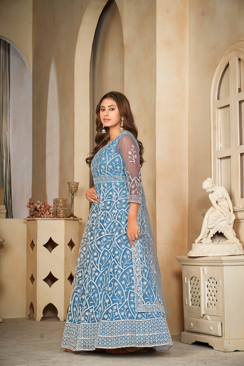Santoon Anarkali Suit With Fancy Embroidery Worked - Sky Blue