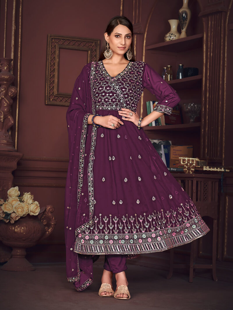 Embroidered Georgette Function Wear Anarkali Suit Purple