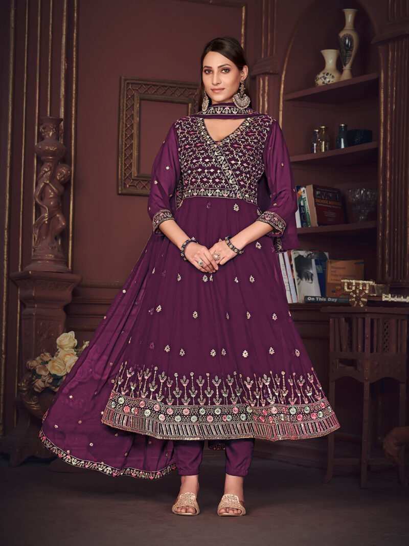 Embroidered Georgette Function Wear Anarkali Suit Purple