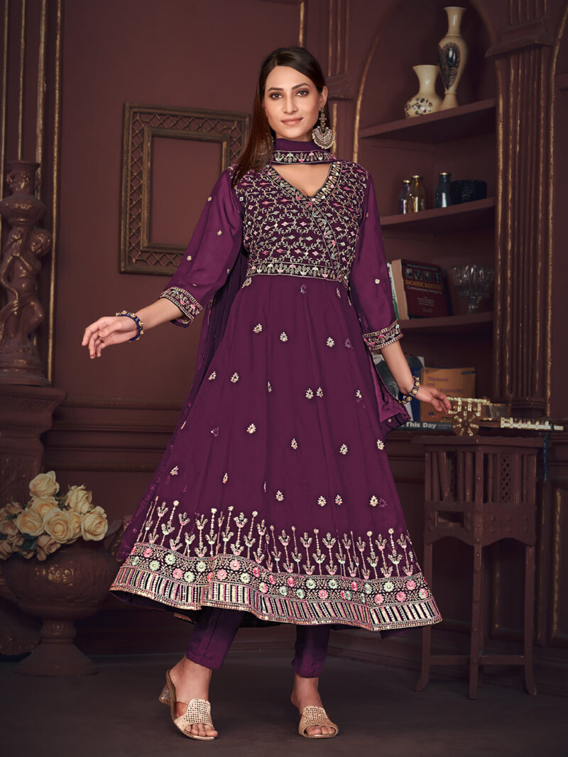 Embroidered Georgette Function Wear Anarkali Suit Purple